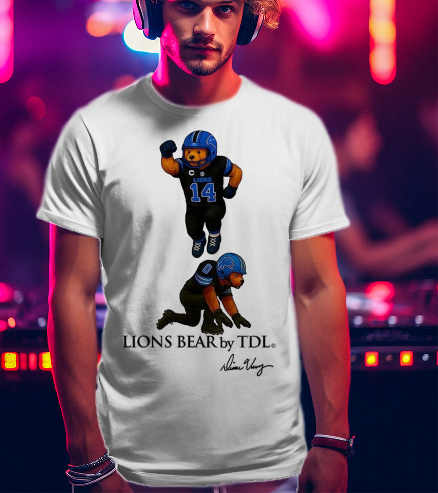 Amon-Ra St. Brown 14 Jahmyr Gibbs 0 Detroit Lions Bear Celebrating Football T-Shirt