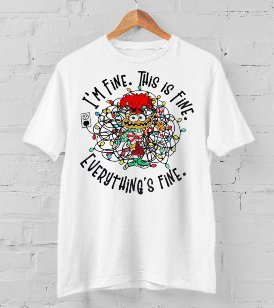 I'm Fine This Is Fine Everything's Fine Anxiety Inside Out 2 Holiday Lights Candy Cane T-Shirt