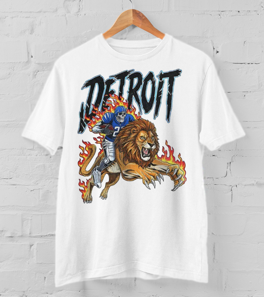 Detroit Lions Vintage Skeleton Riding Flaming Lion Football Game Day T-Shirt