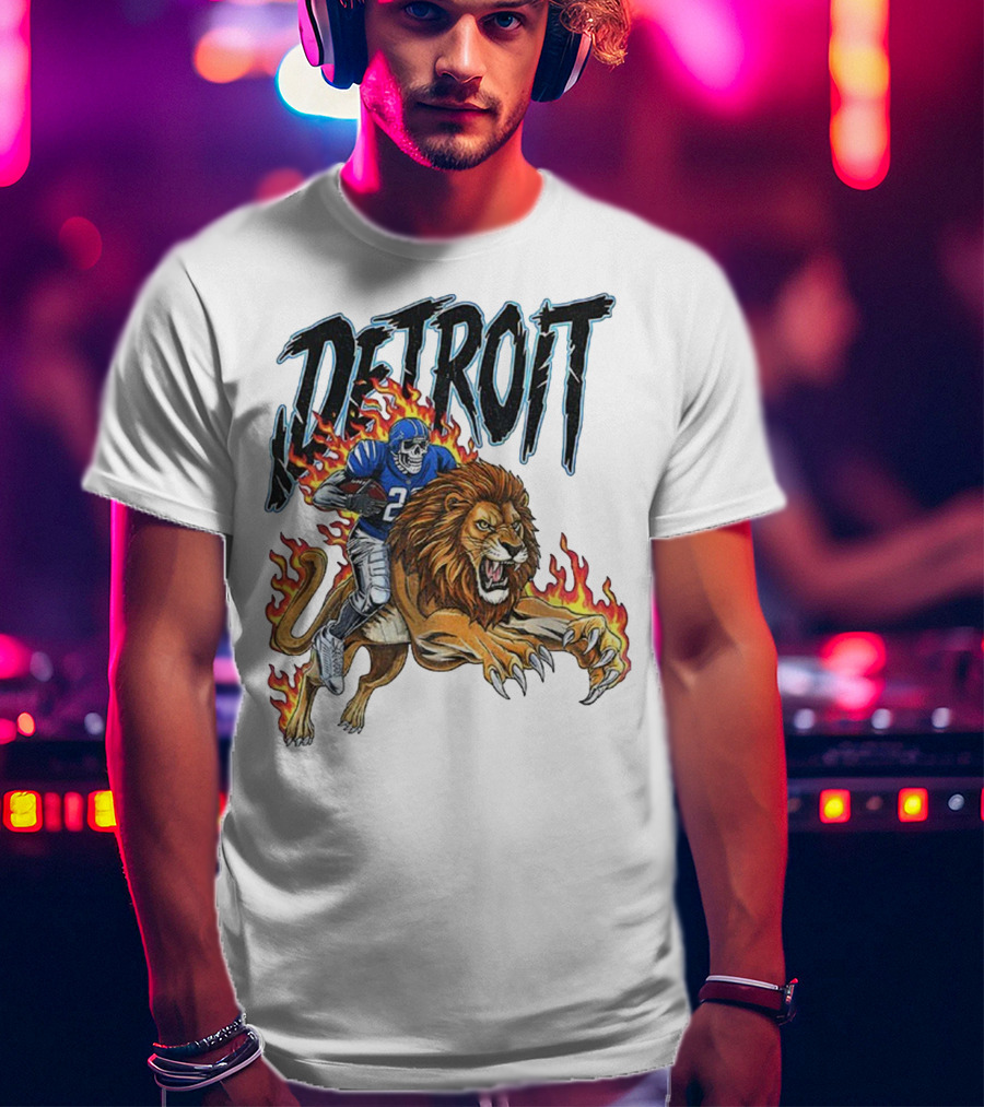 Detroit Lions Vintage Skeleton Riding Flaming Lion Football Game Day T-Shirt