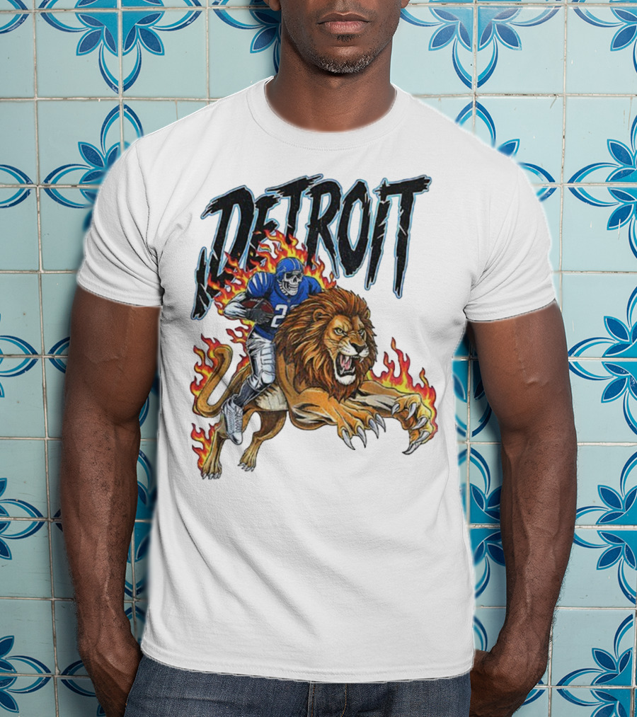Detroit Lions Vintage Skeleton Riding Flaming Lion Football Game Day T-Shirt