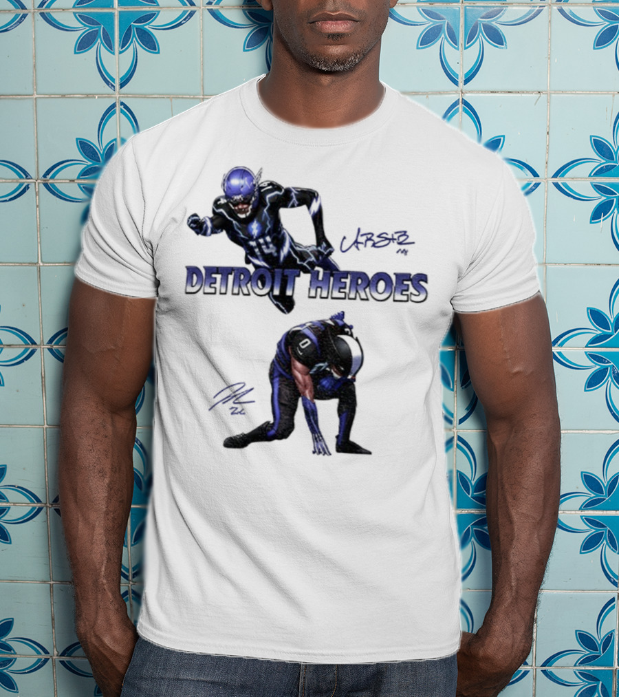 Jahmyr Gibbs Amon Ra St Brown Detroit Heroes 2025 Signature T-Shirt