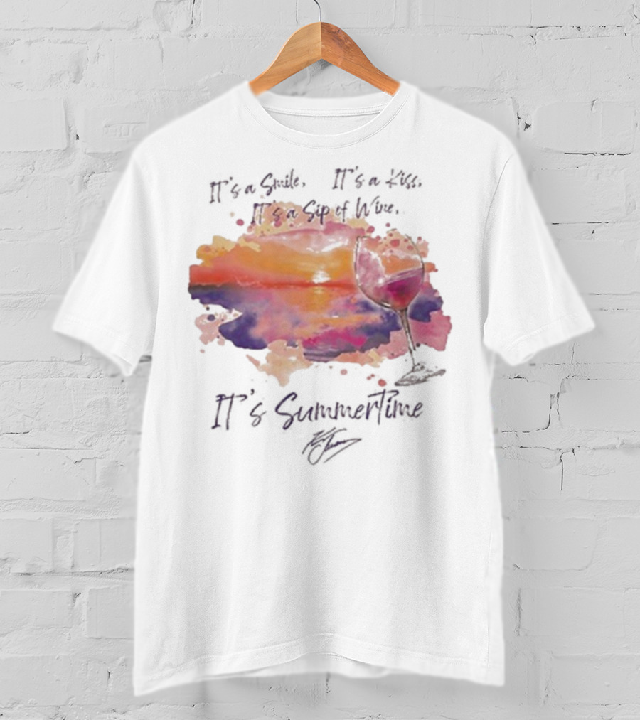 Kenny Chesney It's A Smile It's A Lie It's A Sip Of Wine It's Summertime Flowy Sunset Wine Glass T-Shirt