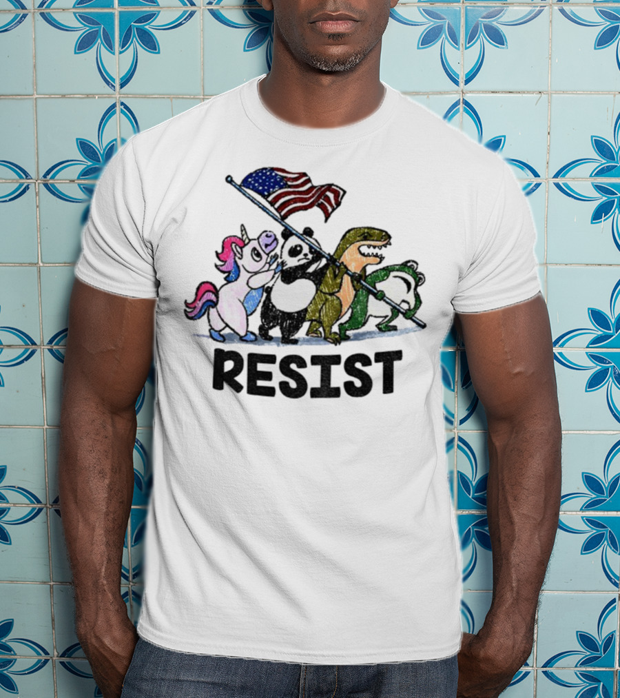 Unicorn Panda Alligator Frog Resist American Flag Political Statement T-Shirt