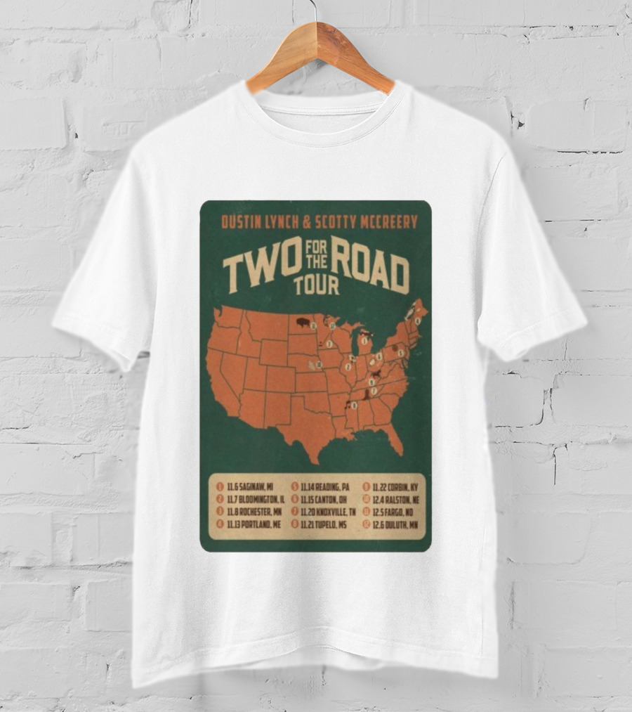 Dustin Lynch Scotty McCreery Two For The Road Tour 2025 US Map And Dates T-Shirt