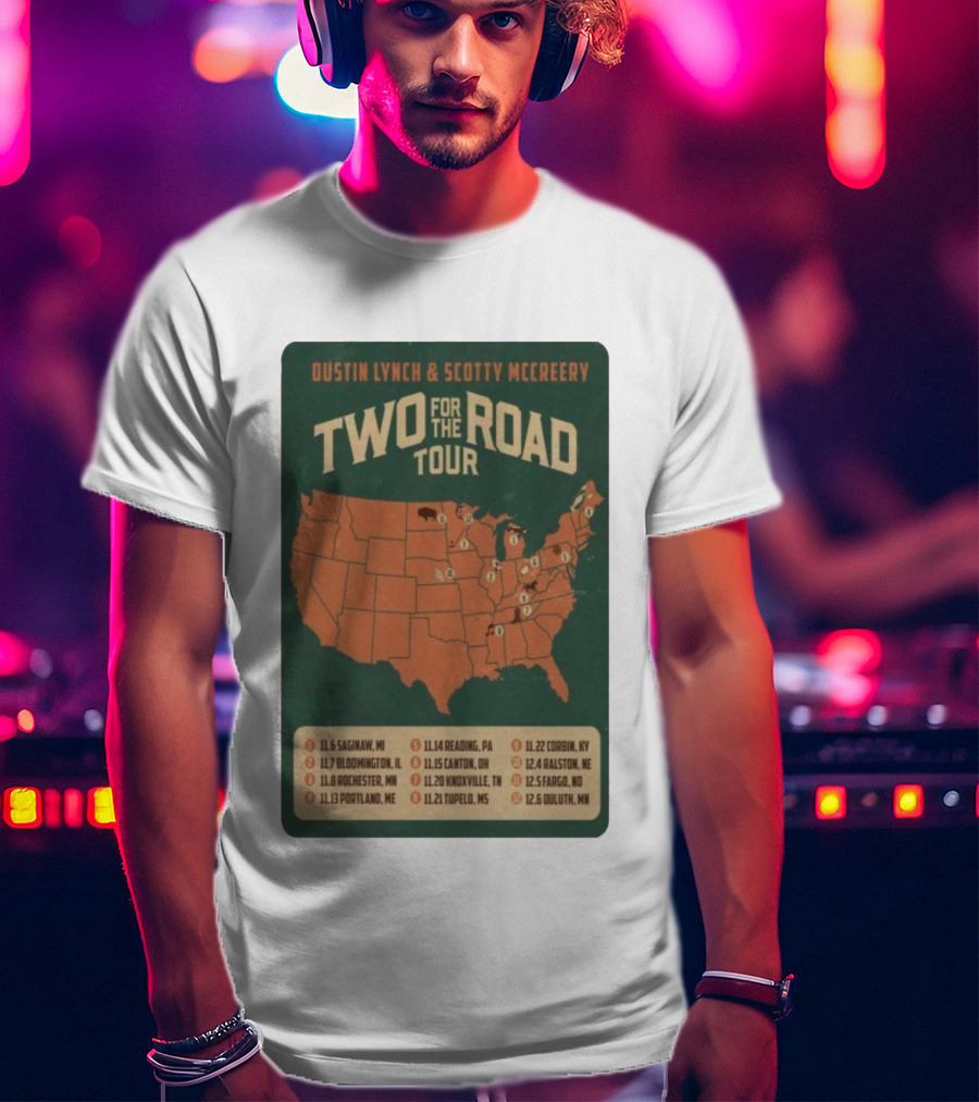 Dustin Lynch Scotty McCreery Two For The Road Tour 2025 US Map And Dates T-Shirt