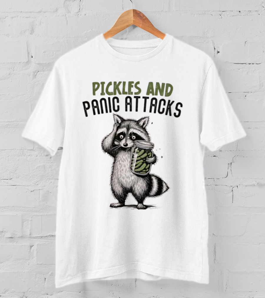 Pickles And Panic Attacks Raccoon Holding Jar Retro Mental Health Awareness T-Shirt