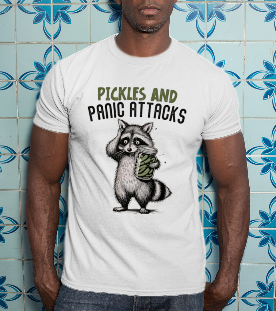 Pickles And Panic Attacks Raccoon Holding Jar Retro Mental Health Awareness T-Shirt