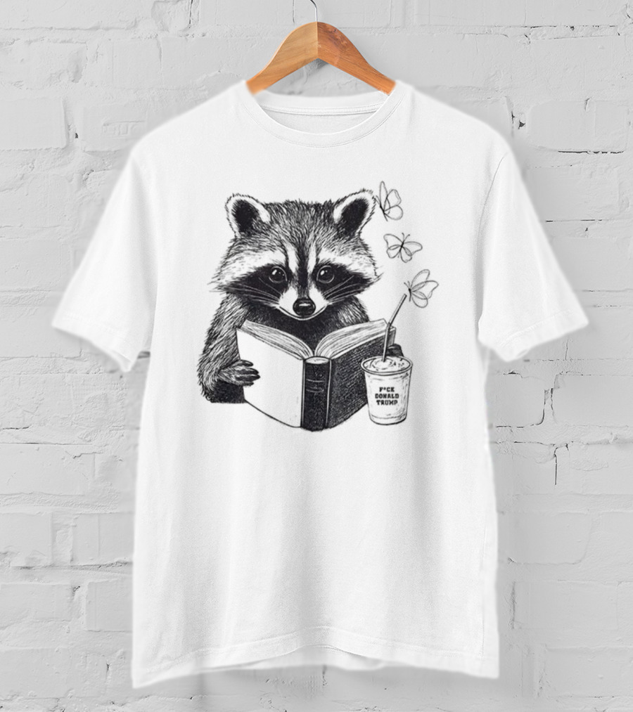 Raccoon Reading Book Coffee Cup Cozy Subtle Anti-Trump T-Shirt
