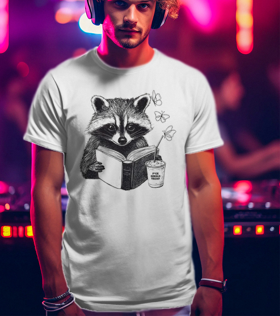 Raccoon Reading Book Coffee Cup Cozy Subtle Anti-Trump T-Shirt