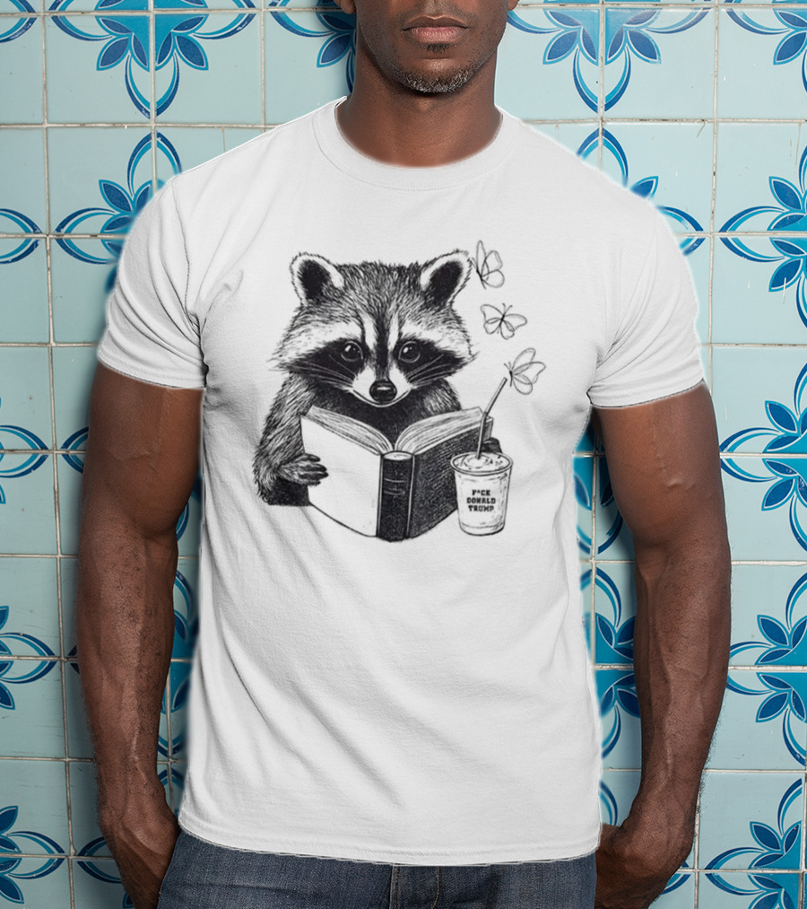 Raccoon Reading Book Coffee Cup Cozy Subtle Anti-Trump T-Shirt