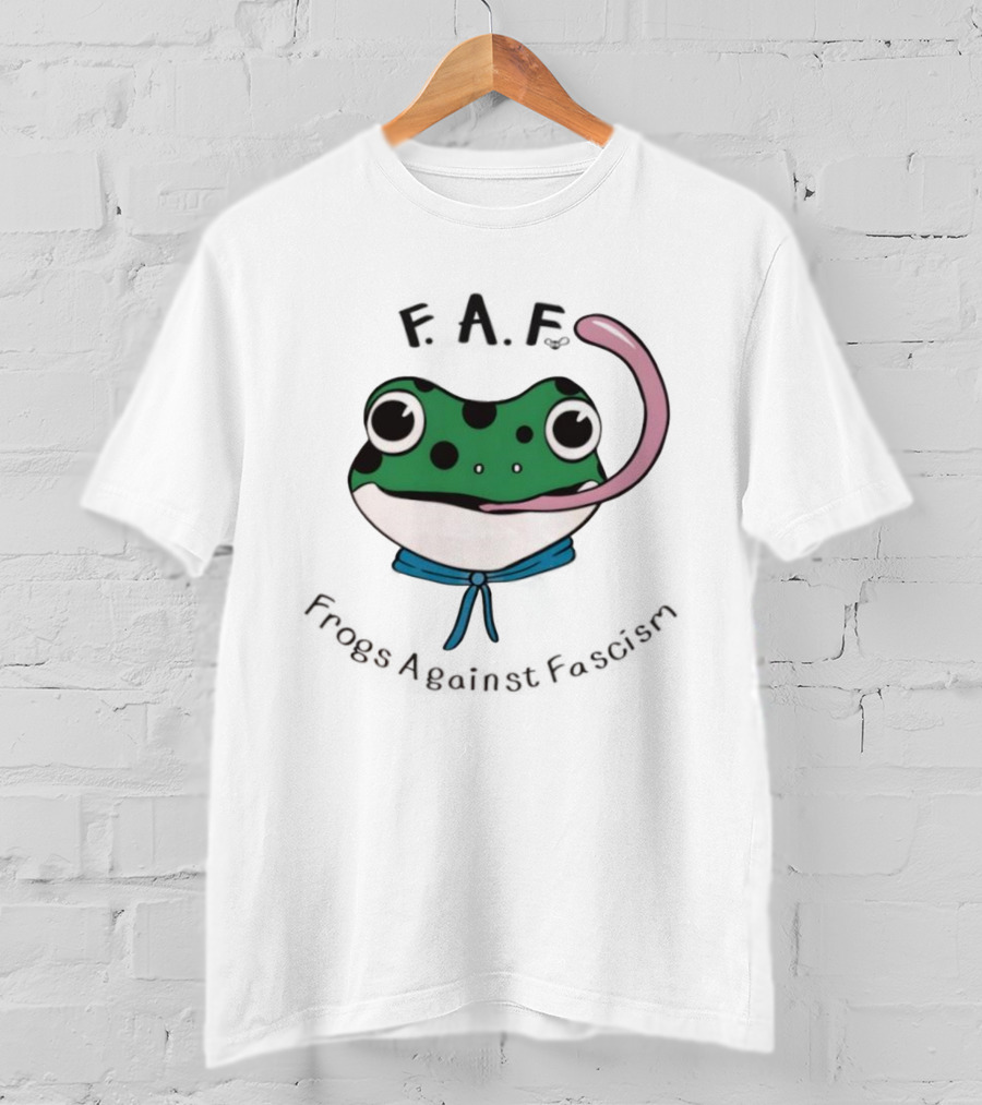 F.A.F Frogs Against Fascism Playful Green Frog With Tongue And Blue Scarf T-Shirt