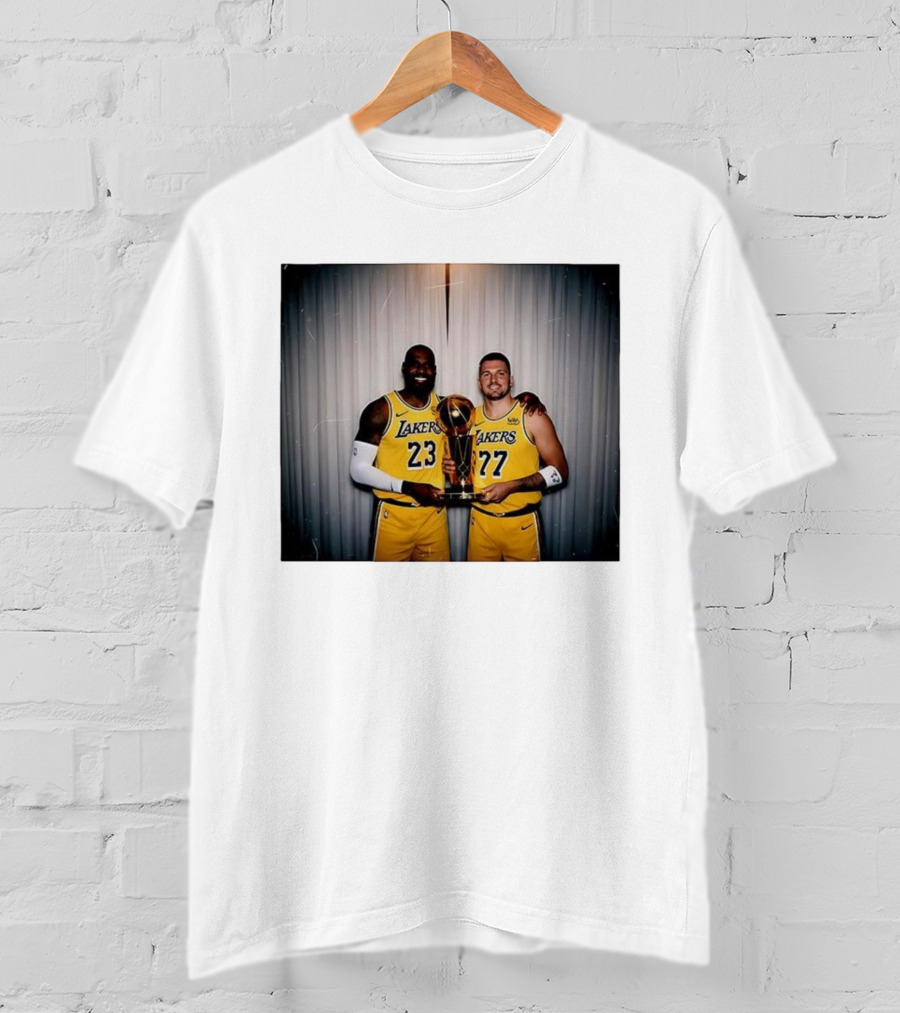 Los Angeles Lakers LeBron James Luka Dončić Holding Trophy June 2026 T-Shirt
