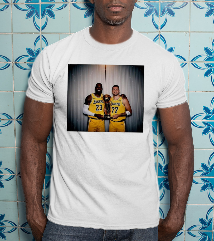 Los Angeles Lakers LeBron James Luka Dončić Holding Trophy June 2026 T-Shirt