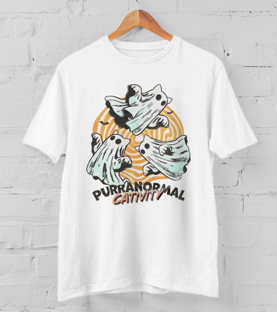 Purranormal Cativity Ghost Cat Halloween Bats Swirl Maze T-Shirt