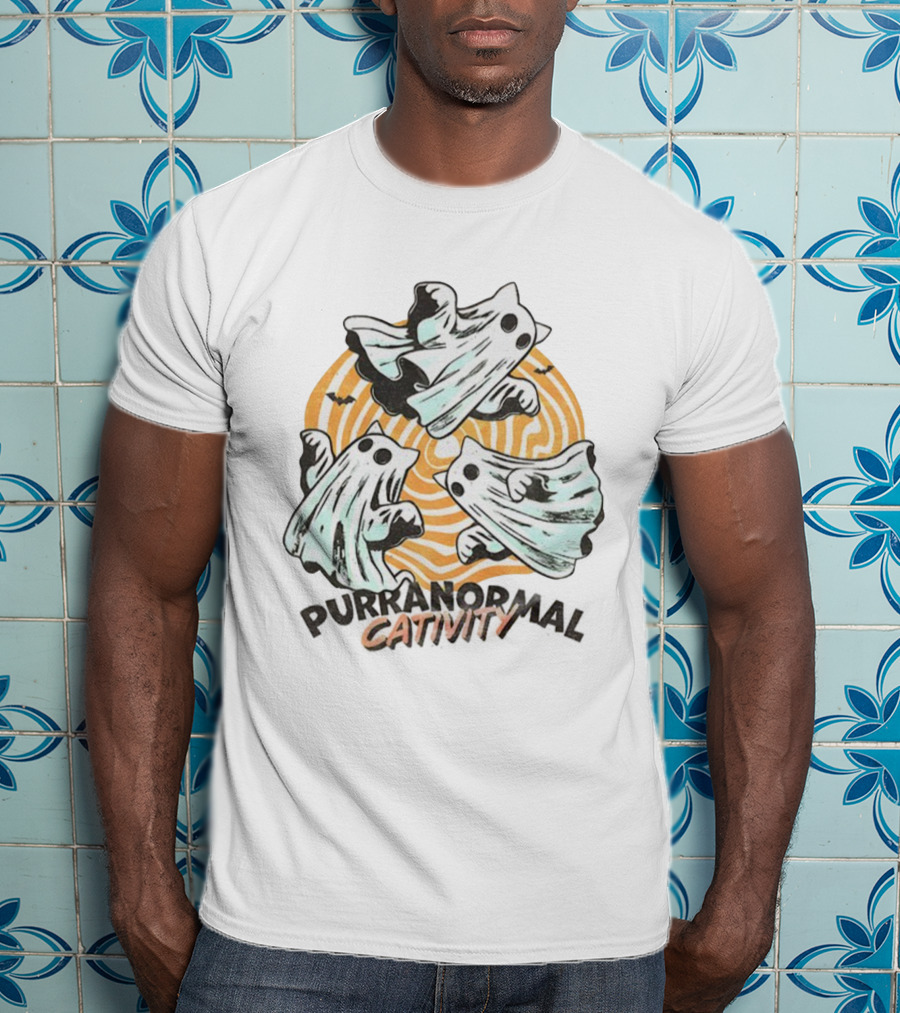 Purranormal Cativity Ghost Cat Halloween Bats Swirl Maze T-Shirt