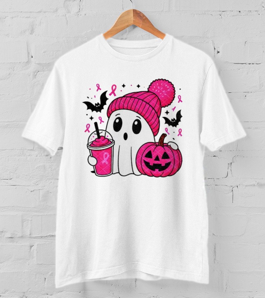 Spooky Ghost Pink Pumpkin Breast Cancer Awareness With Ribbon In October We Wear Pink T-Shirt
