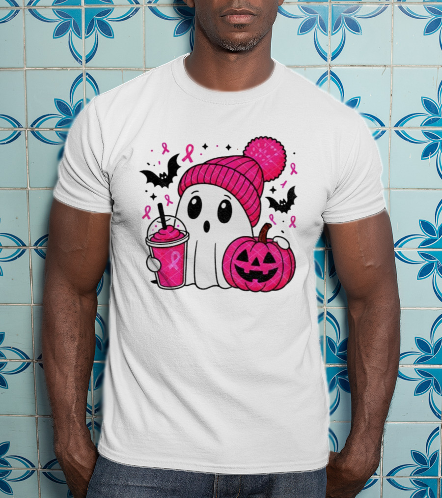 Spooky Ghost Pink Pumpkin Breast Cancer Awareness With Ribbon In October We Wear Pink T-Shirt