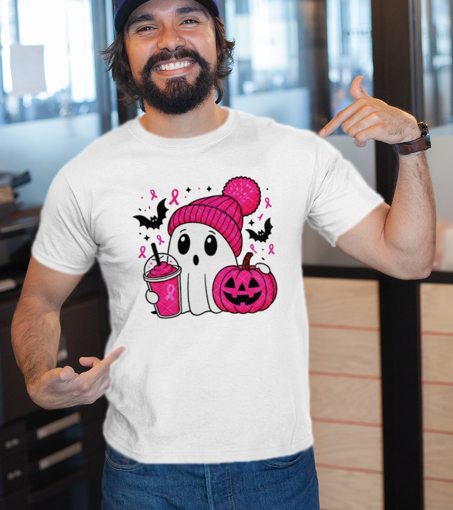Spooky Ghost Pink Pumpkin Breast Cancer Awareness With Ribbon In October We Wear Pink T-Shirt