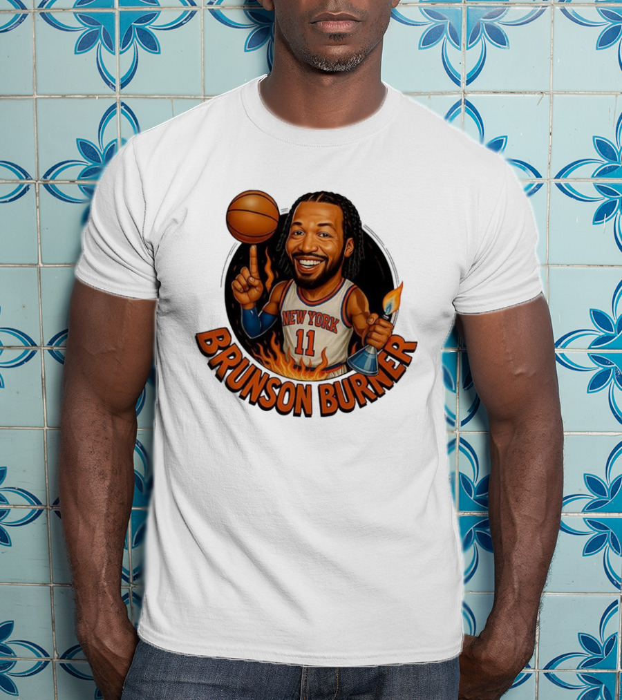 New York Knicks Brunson Burner Cartoon With Basketball And Flames T-Shirt