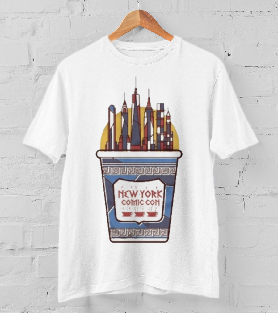 New York Comic Con 2025 Coffee Cup Skyline Tower Design T-Shirt
