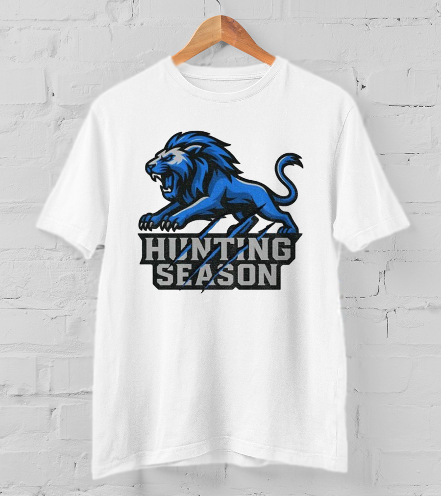 Detroit Lions Hunting Season Roaring Blue Lion NFL Fan Gear T-Shirt