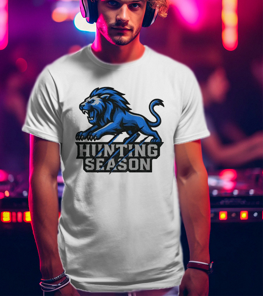 Detroit Lions Hunting Season Roaring Blue Lion NFL Fan Gear T-Shirt