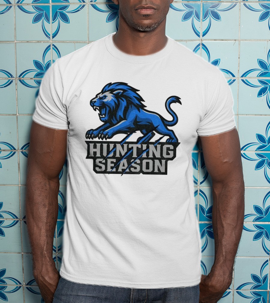 Detroit Lions Hunting Season Roaring Blue Lion NFL Fan Gear T-Shirt