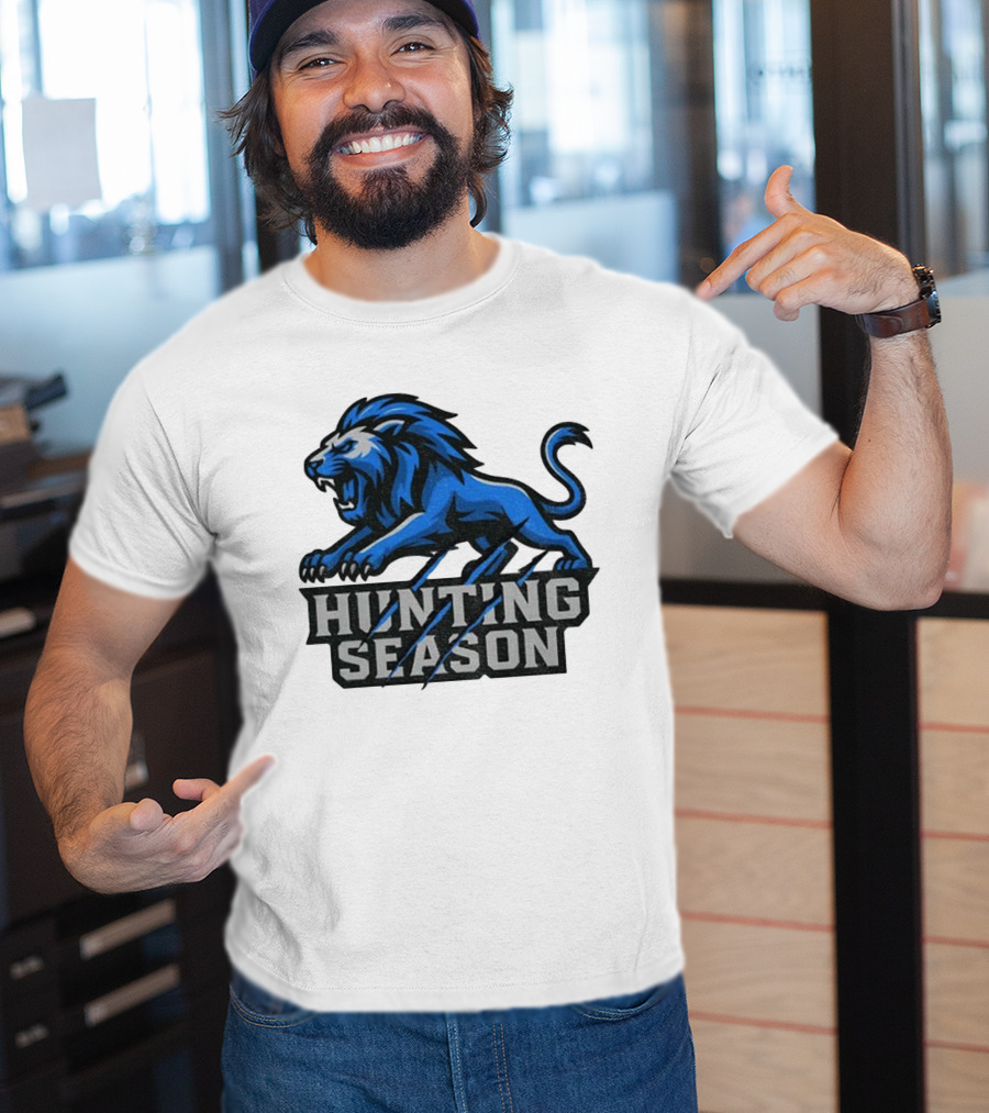 Detroit Lions Hunting Season Roaring Blue Lion NFL Fan Gear T-Shirt