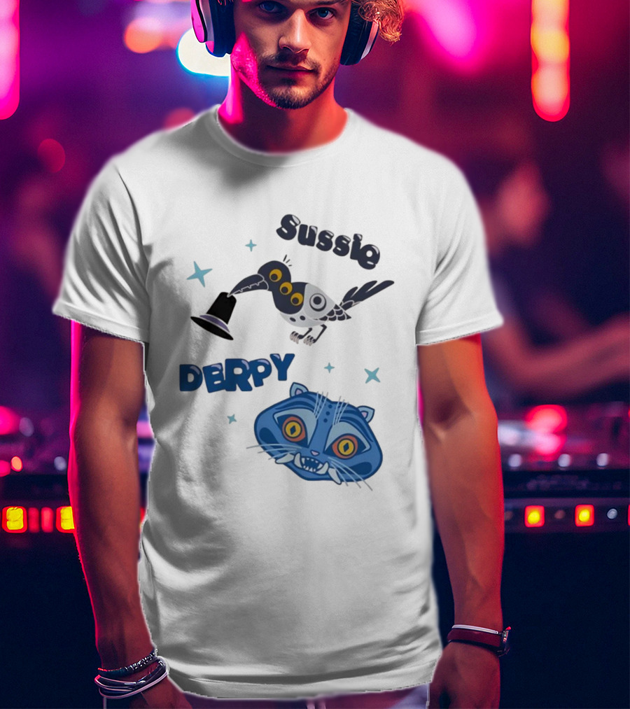 Sussie Derpy Cartoon Bird And Tiger Characters With Stars KPop Demon Hunters T-Shirt