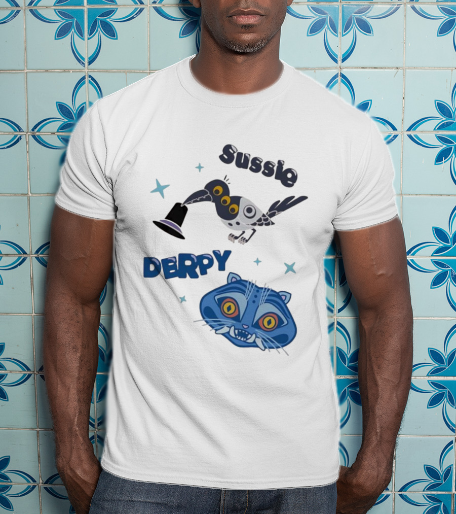 Sussie Derpy Cartoon Bird And Tiger Characters With Stars KPop Demon Hunters T-Shirt