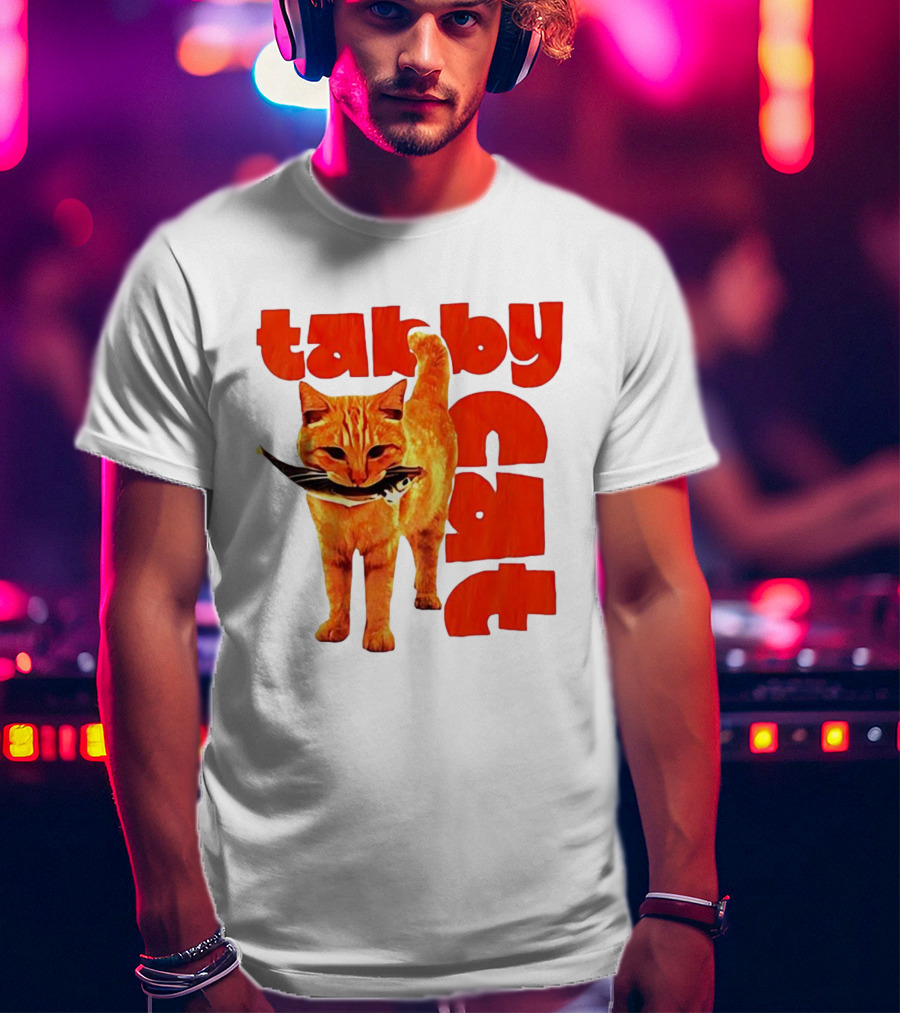 Tabby Cat Holding Fish Meme Retro Font T-Shirt