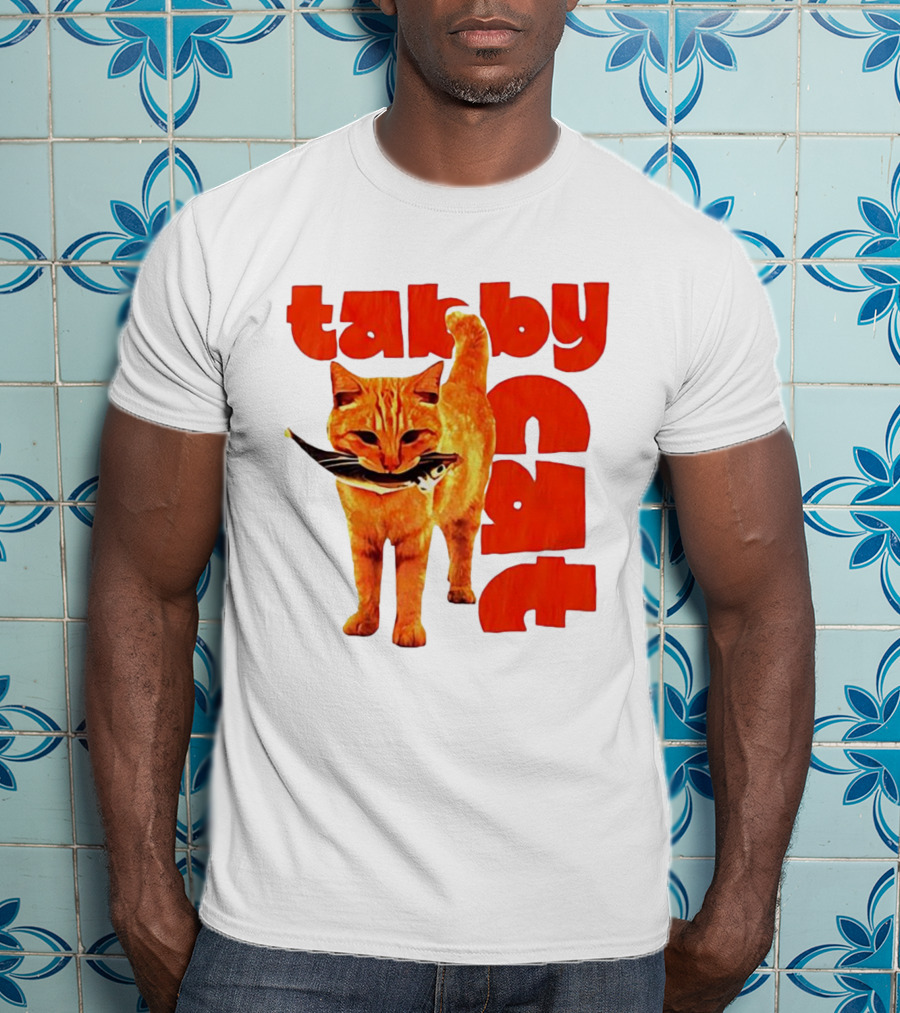 Tabby Cat Holding Fish Meme Retro Font T-Shirt