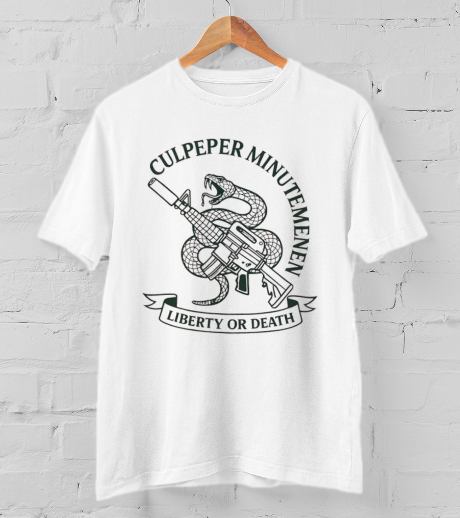 Culpeper Minutemen Liberty Or Death Rattlesnake And Rifle Emblem T-Shirt