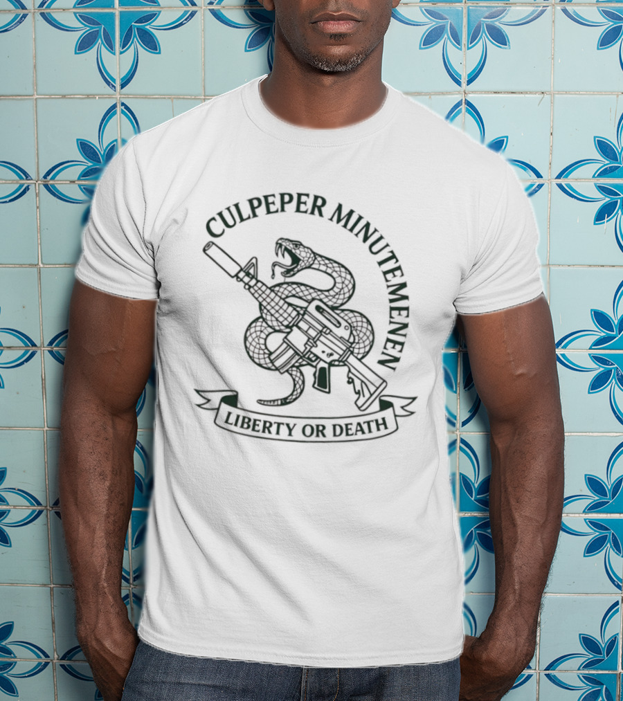 Culpeper Minutemen Liberty Or Death Rattlesnake And Rifle Emblem T-Shirt