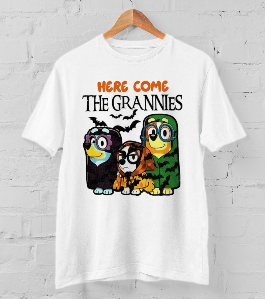 Here Come The Grannies Halloween Blue Dog Characters In Costumes T-Shirt