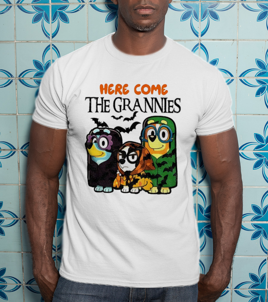 Here Come The Grannies Halloween Blue Dog Characters In Costumes T-Shirt