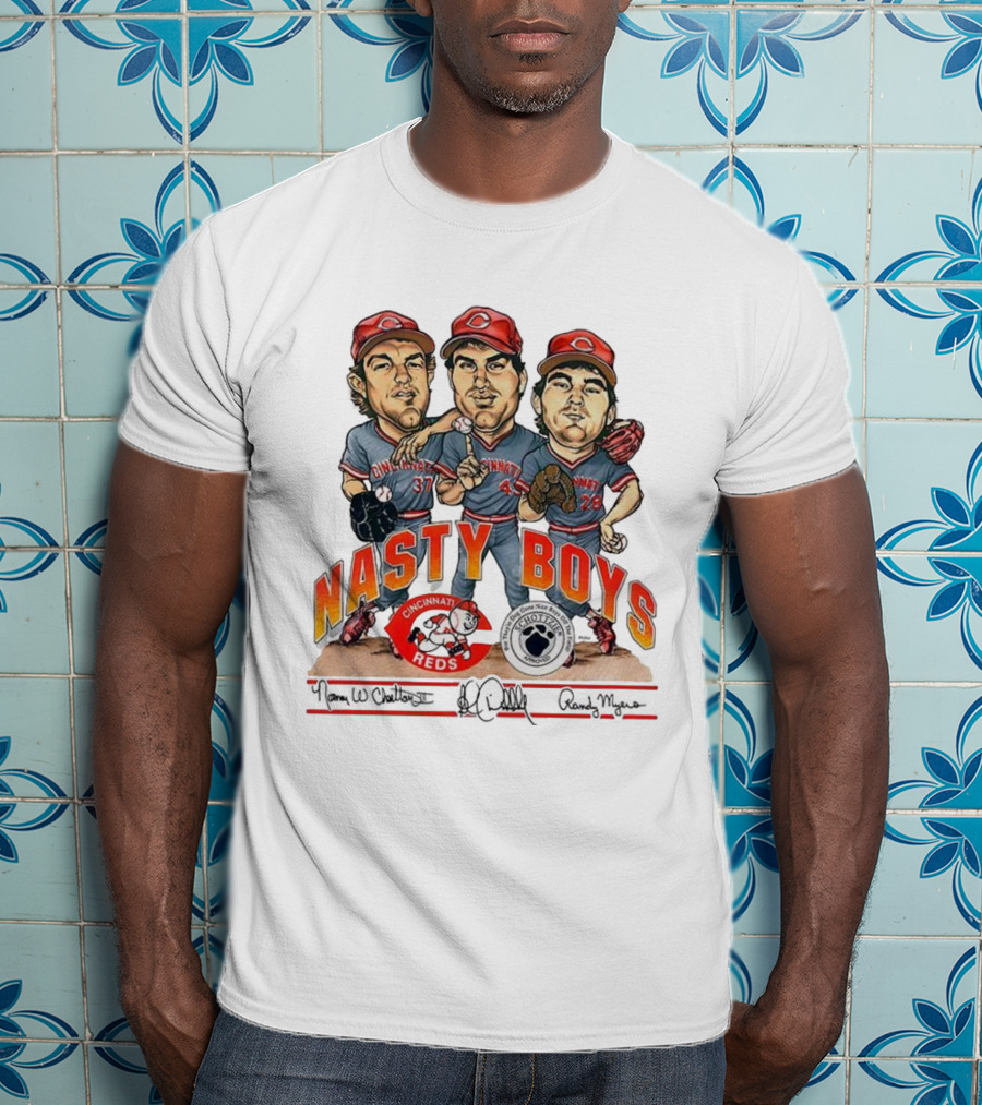 Cincinnati Reds Nasty Boys 37 43 28 Schottzie 02 Baseball Caricature T-Shirt