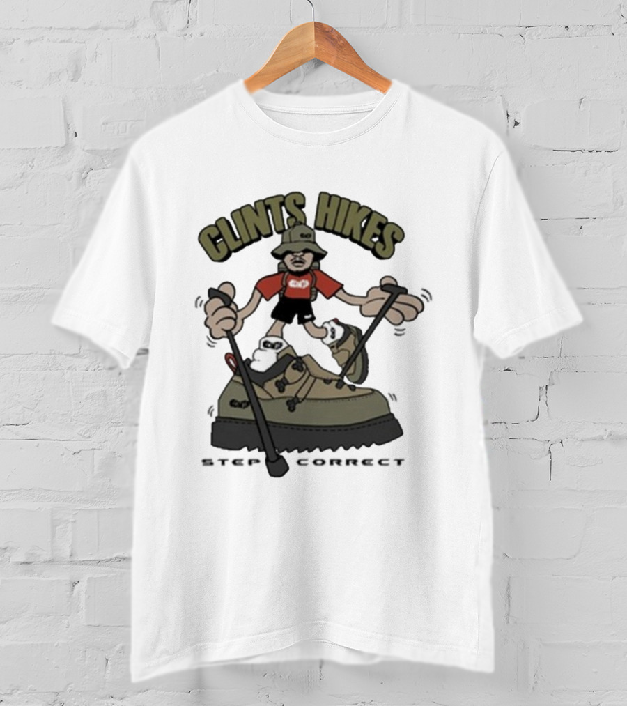 CLINTS HIKES Cartoon Hiker With Walking Sticks And Boots T-Shirt