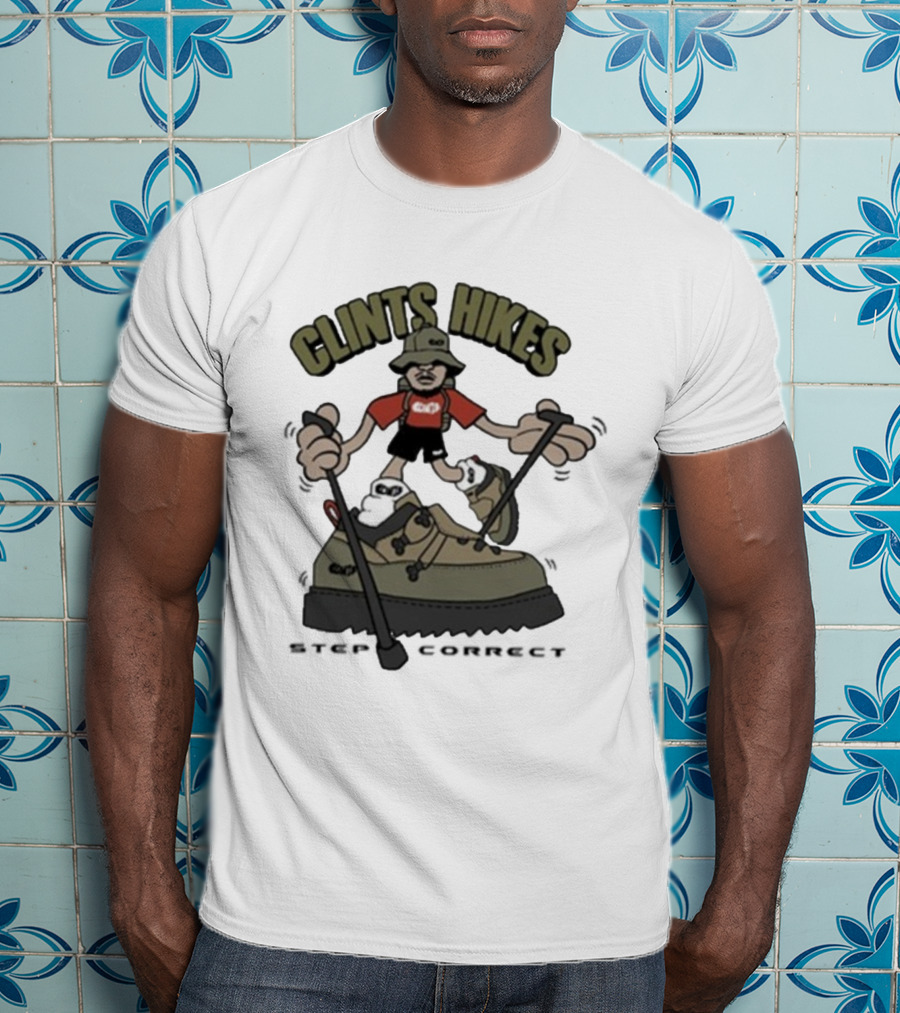 CLINTS HIKES Cartoon Hiker With Walking Sticks And Boots T-Shirt