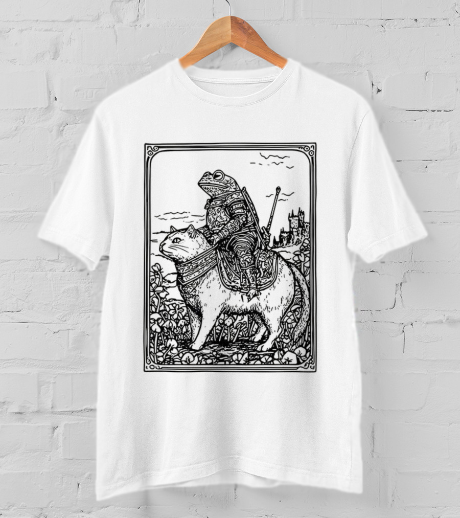 Medieval Frog Knight Riding A Cat In Armor Scene T-Shirt