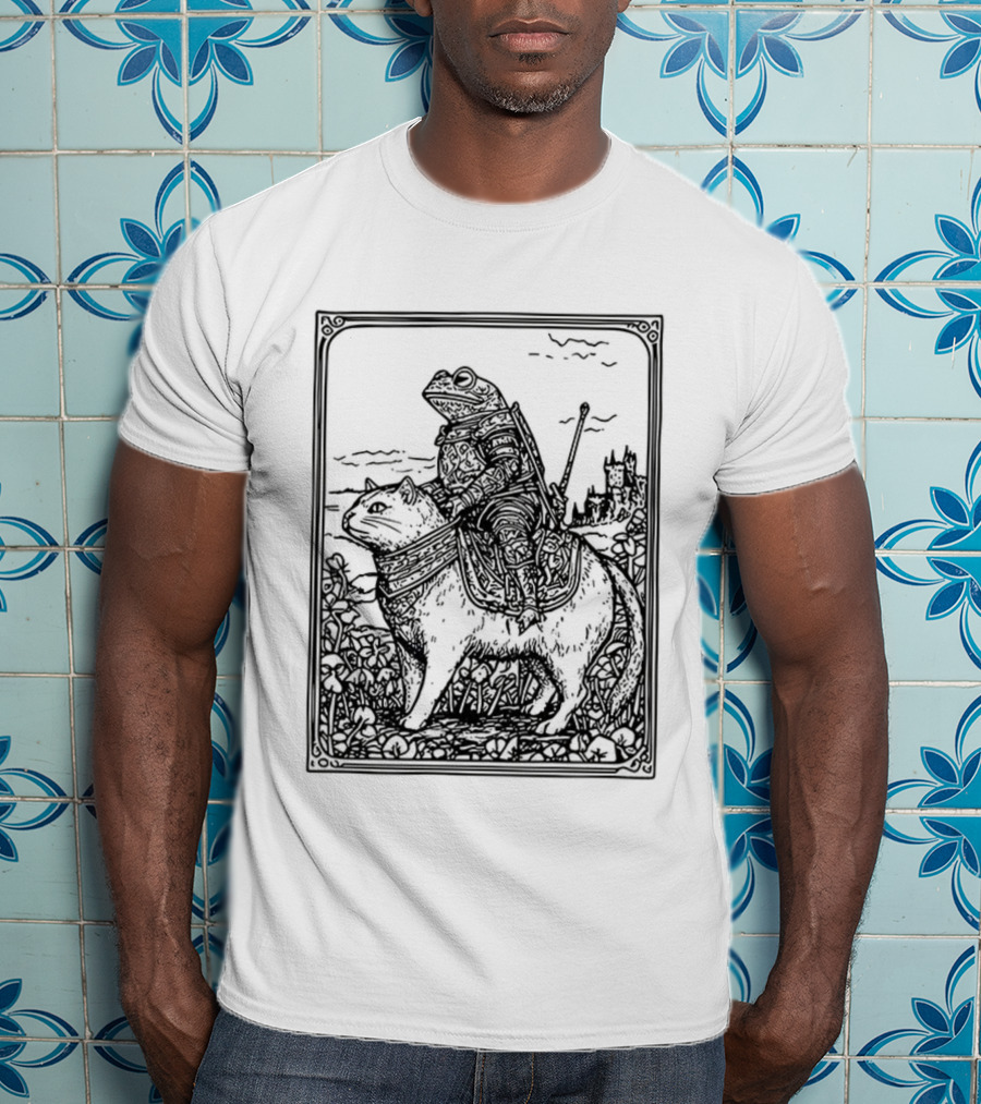 Medieval Frog Knight Riding A Cat In Armor Scene T-Shirt