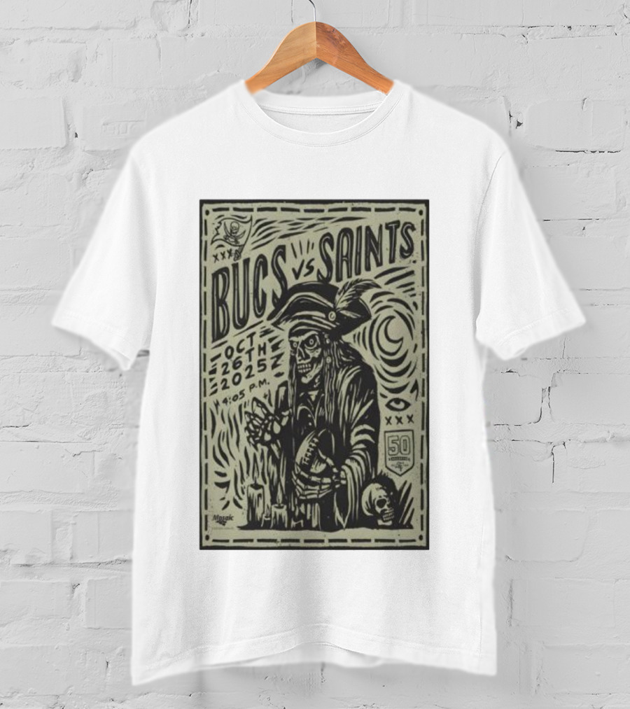 Bucs Vs Saints October 26 2025 4:05 P.M. 50 Seasons Pirate Skull Linocut T-Shirt
