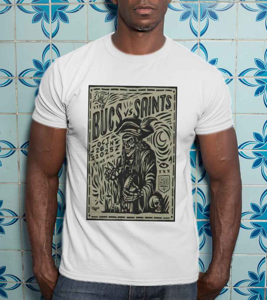 Bucs Vs Saints October 26 2025 4:05 P.M. 50 Seasons Pirate Skull Linocut T-Shirt