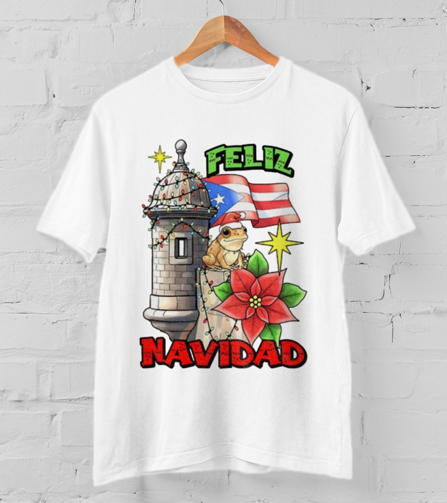 Puerto Rican Christmas Coqui Feliz Navidad Flag Poinsettia Lights T-Shirt