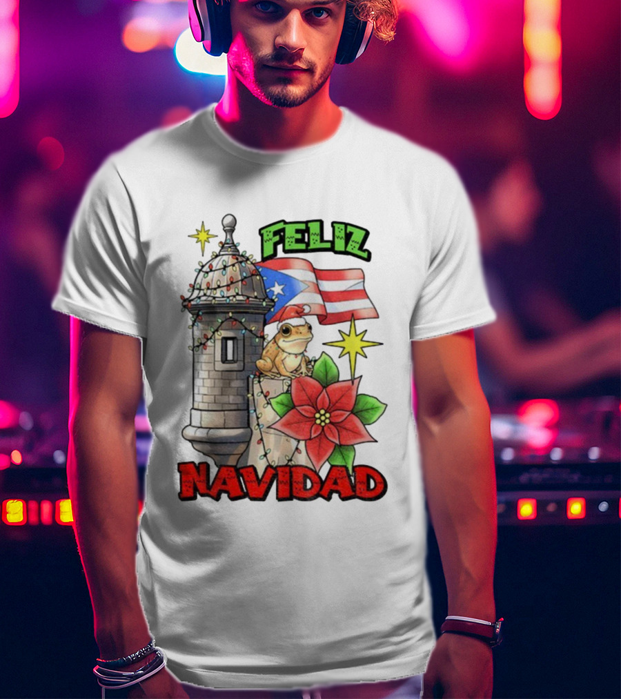 Puerto Rican Christmas Coqui Feliz Navidad Flag Poinsettia Lights T-Shirt