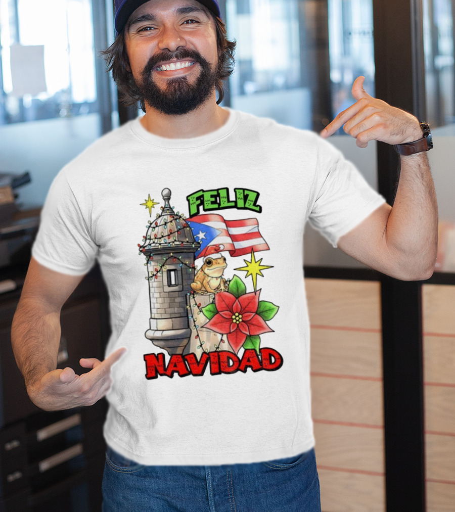 Puerto Rican Christmas Coqui Feliz Navidad Flag Poinsettia Lights T-Shirt