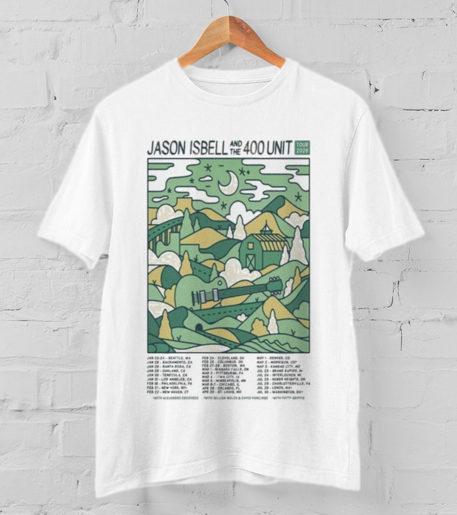 Jason Isbell And The 400 Unit 2026 Tour Scenic Guitar Landscape Moonlit Hills T-Shirt