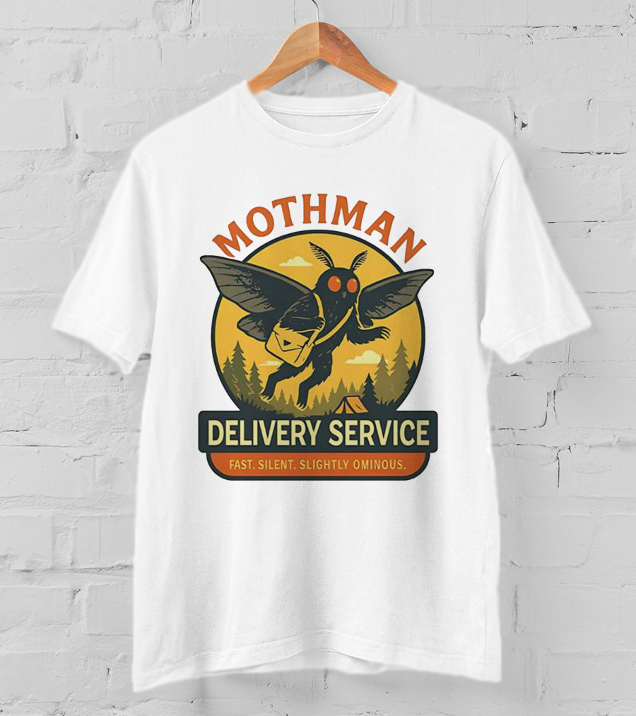 Mothman Delivery Service Fast Silent Slightly Ominous Retro Forest Imagery T-Shirt