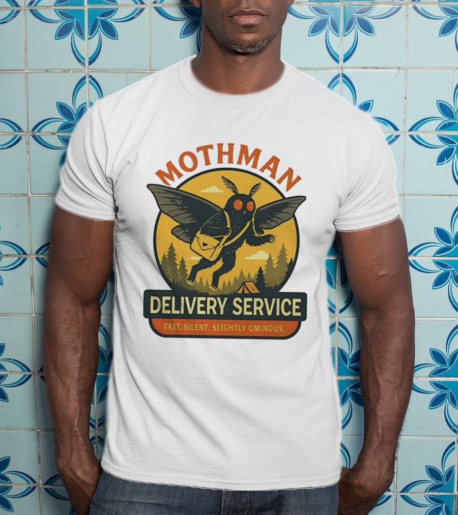 Mothman Delivery Service Fast Silent Slightly Ominous Retro Forest Imagery T-Shirt